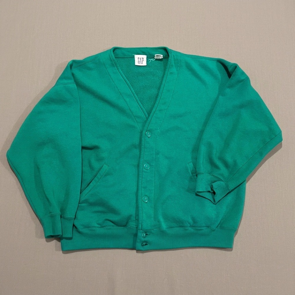 Vintage Gap Green Fleece Cardigan Sweatshirt Mens Small V-Neck Button Front 90's